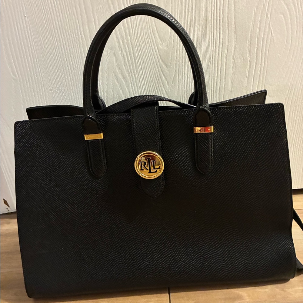 Ralph Lauren Black Textured Leather Tote with Gold Emblem